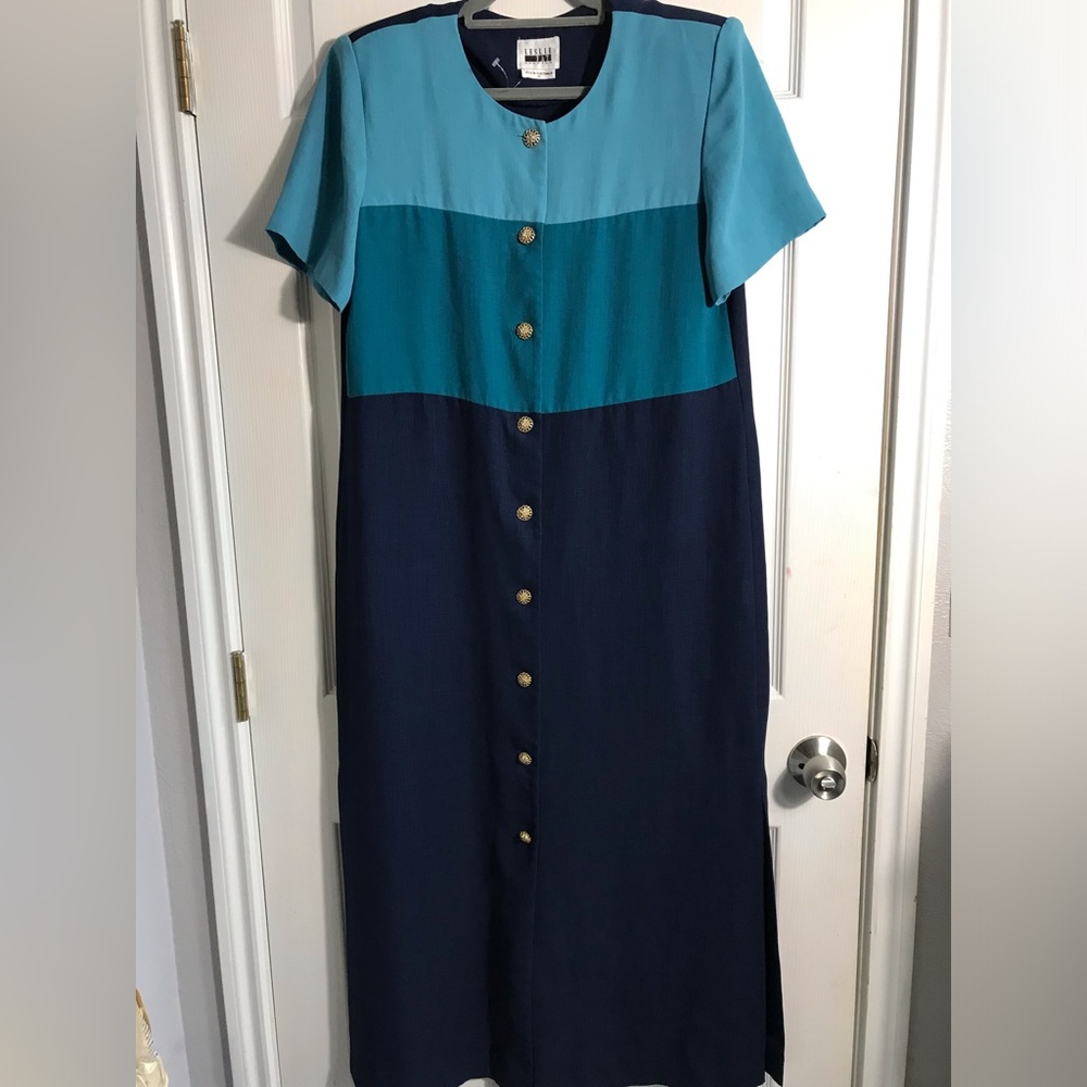 Leslie Fay Colorblock Blue Button-Down Maxi Dress 16